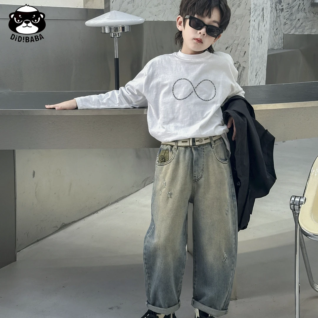 儿童重工高街破洞刺绣休闲百搭薄款牛仔长裤 DN6809