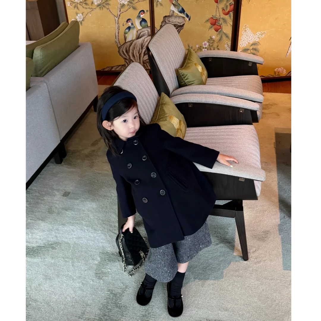 壹妈童装英伦风套装女童黑色毛呢双排扣大衣中长款银色亮片半身裙