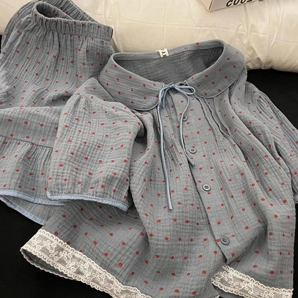 【好乖波点】法式娃娃领洋气时尚短袖短裤睡衣套装女夏季新款家居服