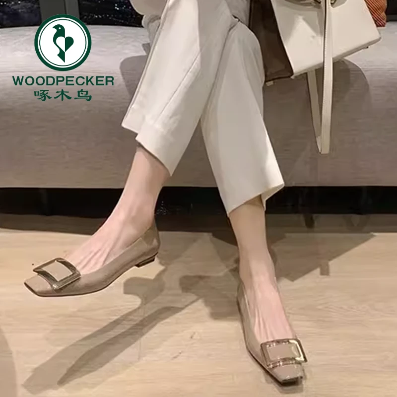 啄木鸟粗跟单鞋女2025新款春秋季方扣浅口法式气质低跟方头通勤鞋
