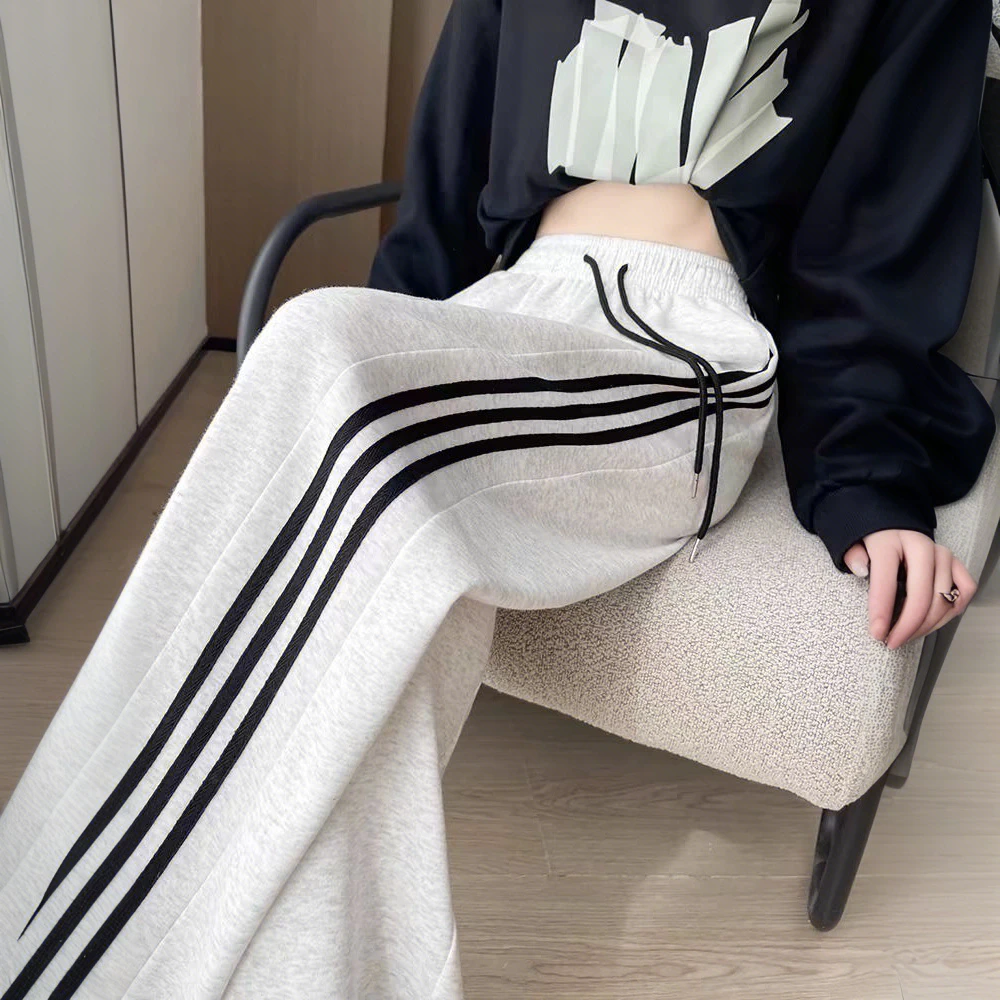 卫裤女款爆款2025新款春季高腰显瘦休闲阔腿裤百搭竖条纹运动裤子