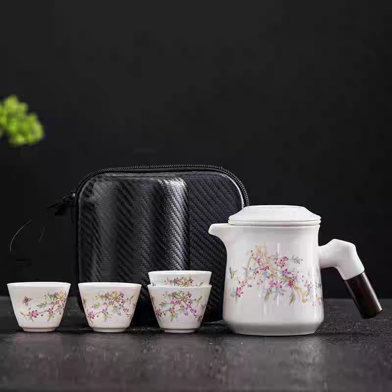 紫藤花木柄旅行套一壶四杯带包带茶巾3139