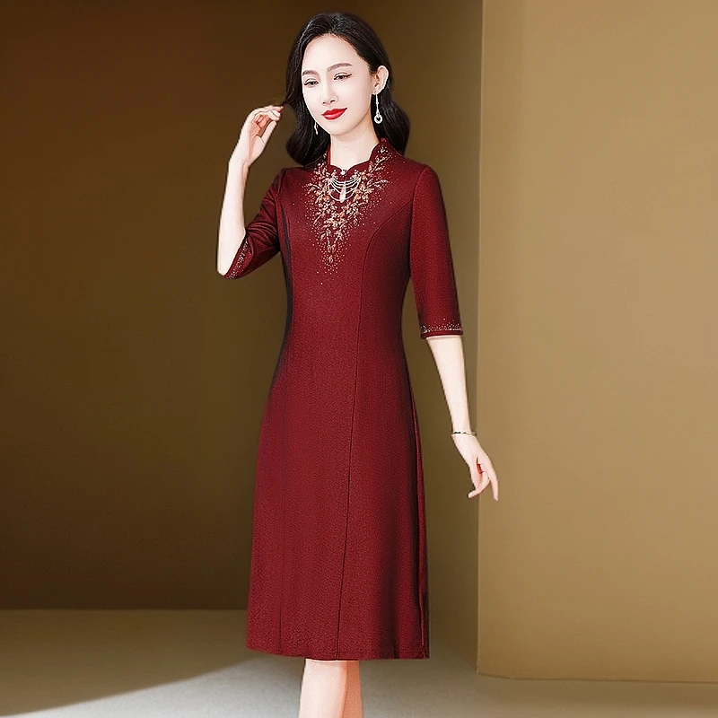 喜妈妈装婚宴礼服气质喜婆婆高贵显瘦洋气丈母娘红色宴会连衣裙