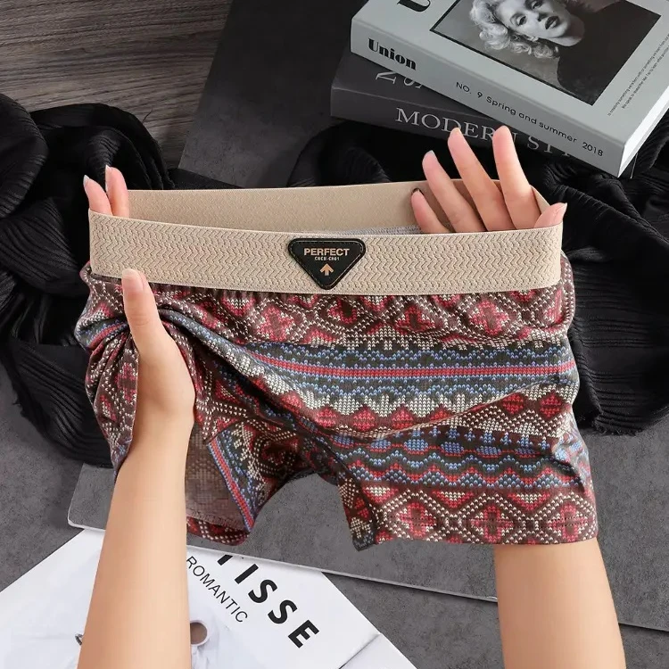 中式民族风印花女士内裤纯棉透气平角裤夏季薄款女生打底四角裤衩