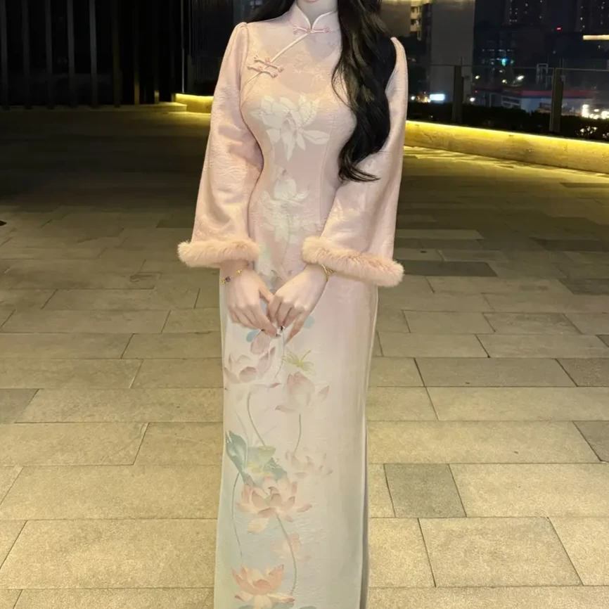 【奈柏上新】荷花满凝香 原创自制秋冬厚款温柔旗袍连衣裙