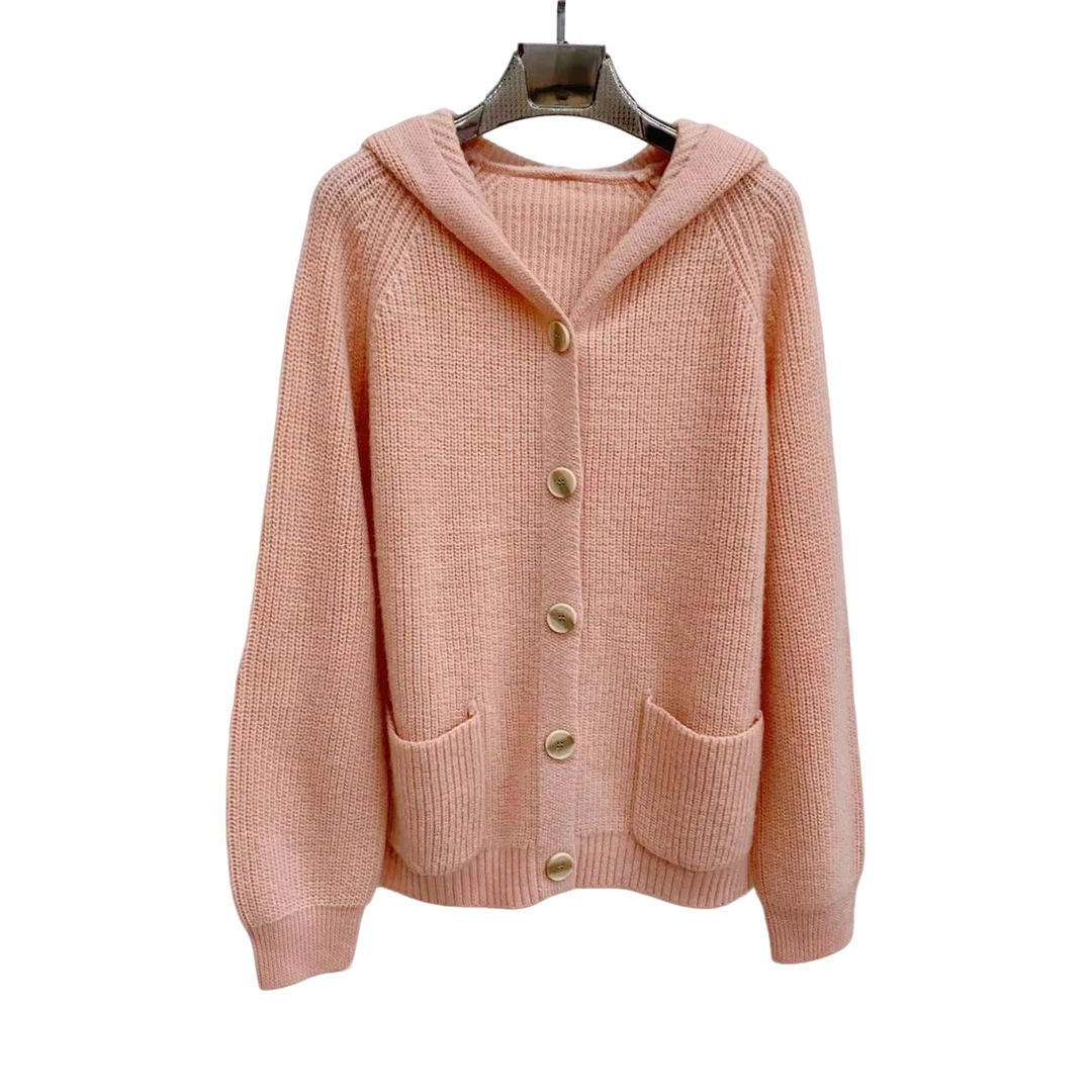 依家——84050时尚100%绵羊毛连帽开衫外套针织女装纯色休闲慵懒风