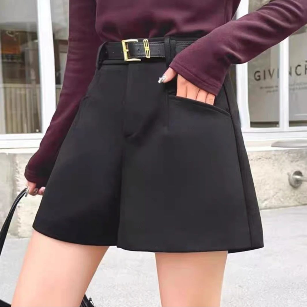 33922#秋冬新款女装高腰百搭西装短裤毛呢阔腿裤