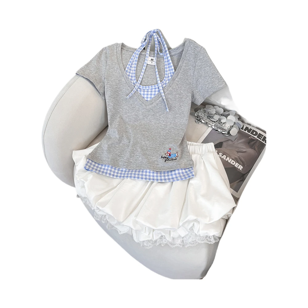 灰色拼接挂脖吊带正肩短袖T恤女夏季假两件短款格子上衣夏季百搭