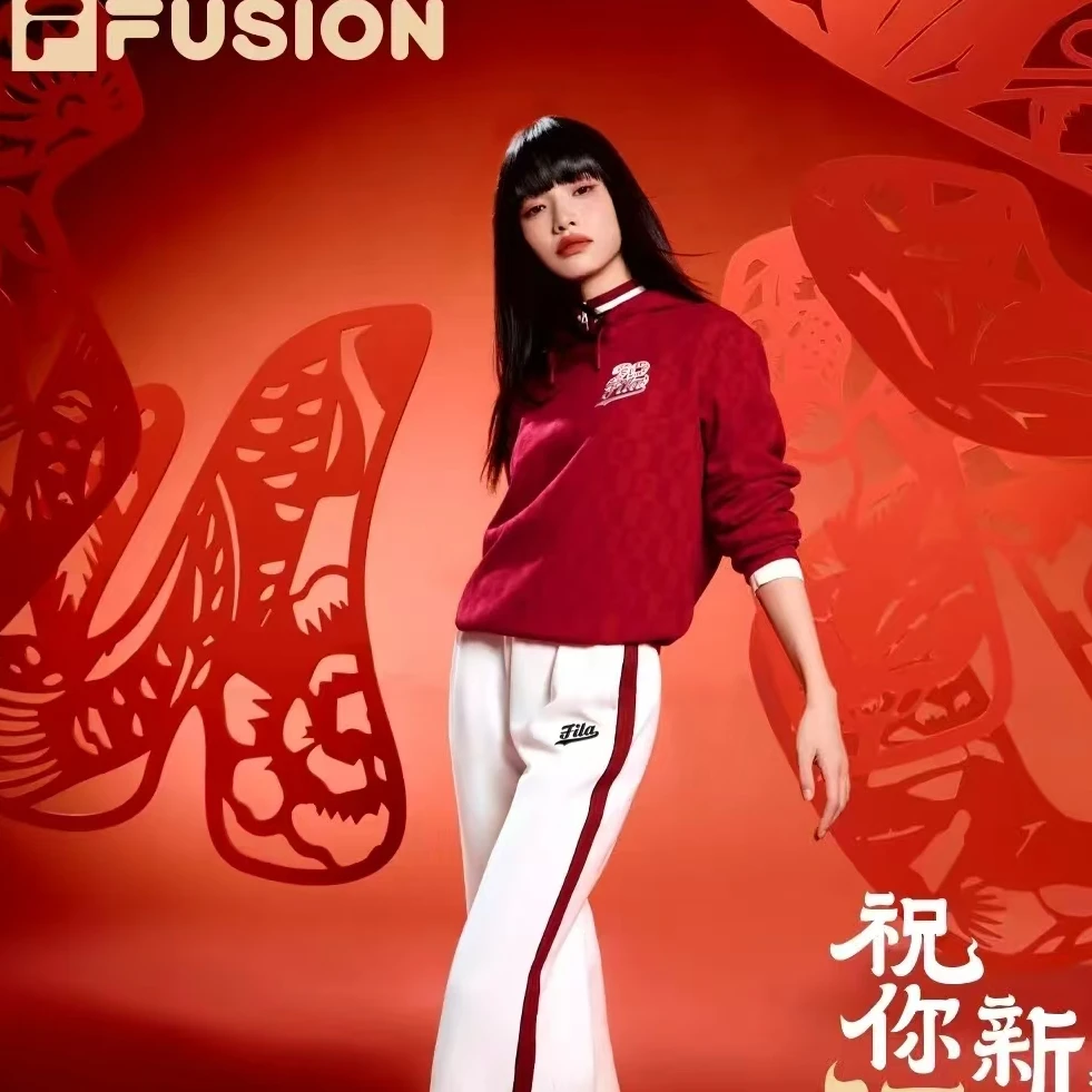 FILA斐乐潮牌女春季新款时尚百搭宽松针织运动连帽卫衣流光风