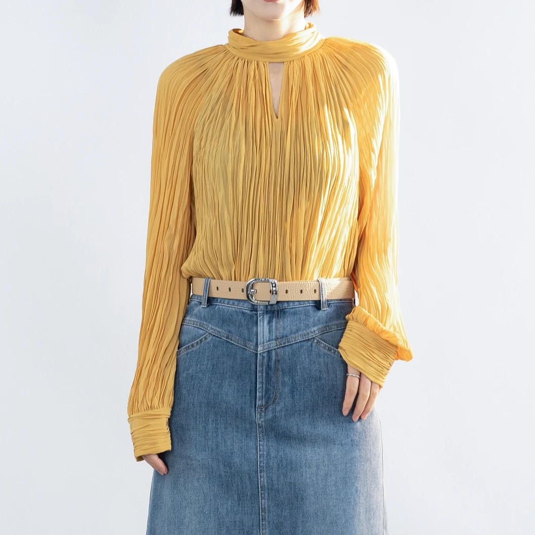 GIRDEAR/哥弟春季新款法式压褶镂空设计感印花长袖衬衫1301045