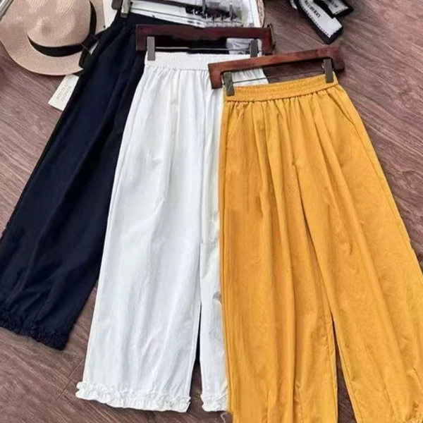 【双荷花边裤】韩系木耳花边休闲裤小个子八/九分阔腿直筒裤凉感