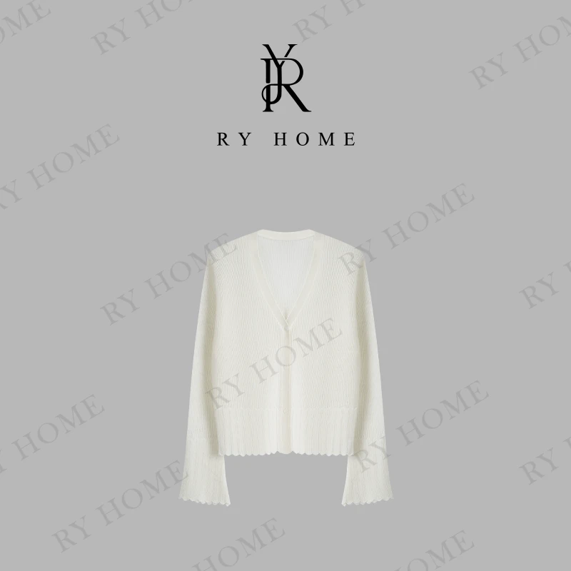 【容雨RYHOME】亚麻＋羊毛高级感V领喇叭袖开衫毛衣252M2923