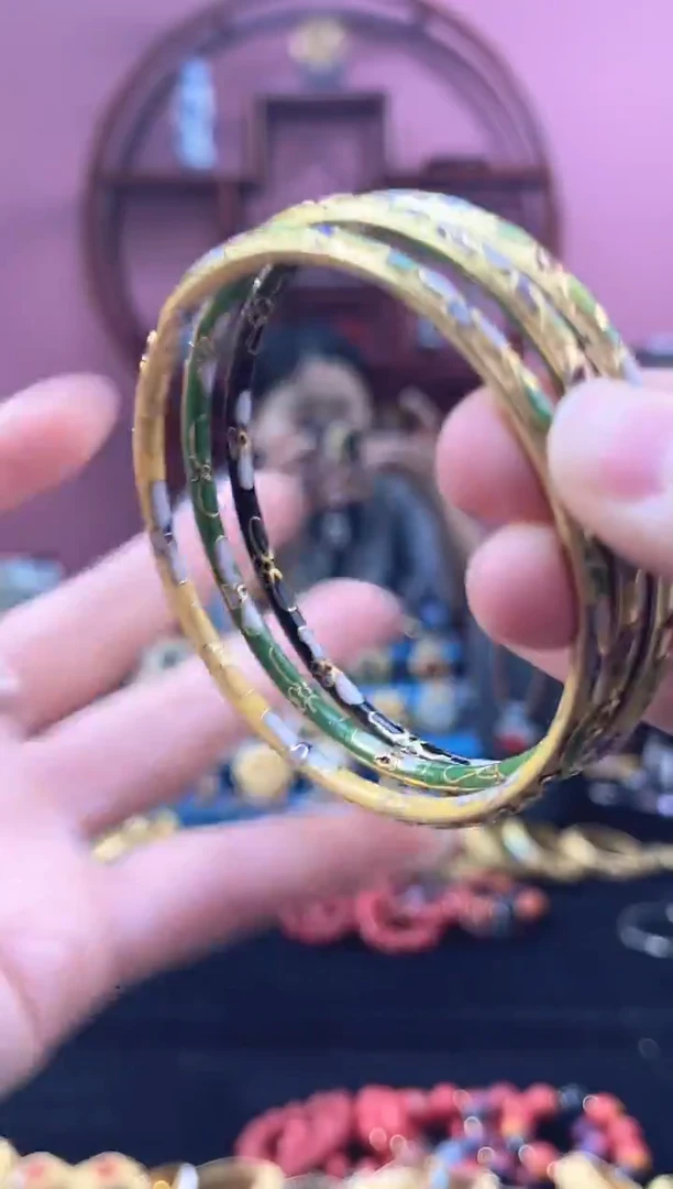 非遗技艺景泰蓝 金地叮当镯 三只 黄 绿黑