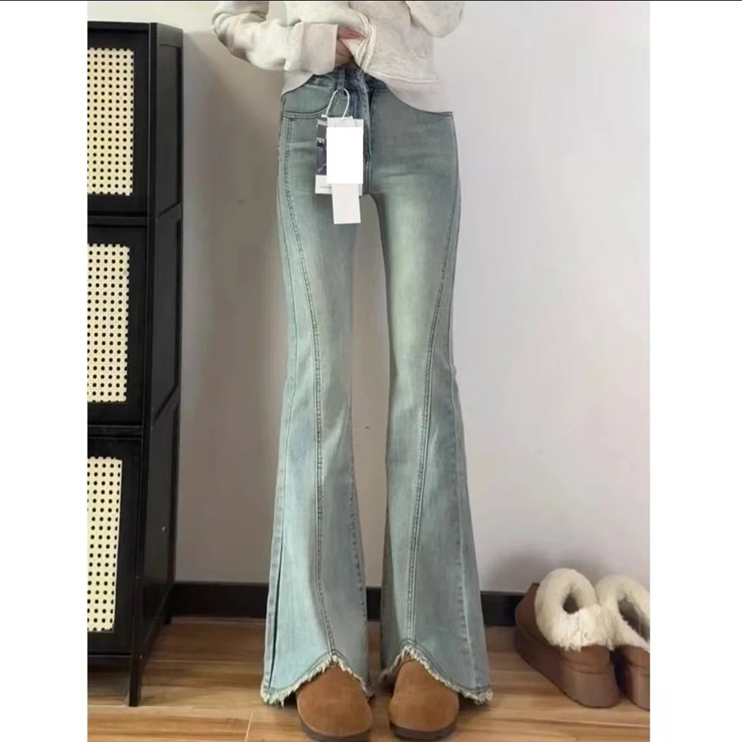 2025夏日上新微喇毛边开叉大码牛仔女新款高腰显瘦遮跨喇叭裤