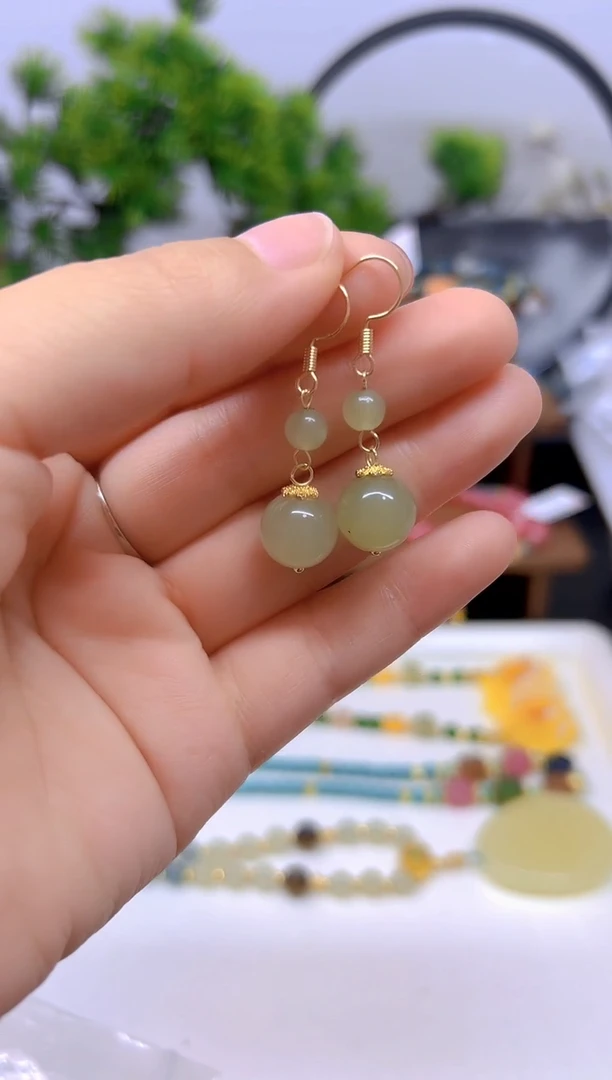 和田玉14K金镶嵌耳饰E774