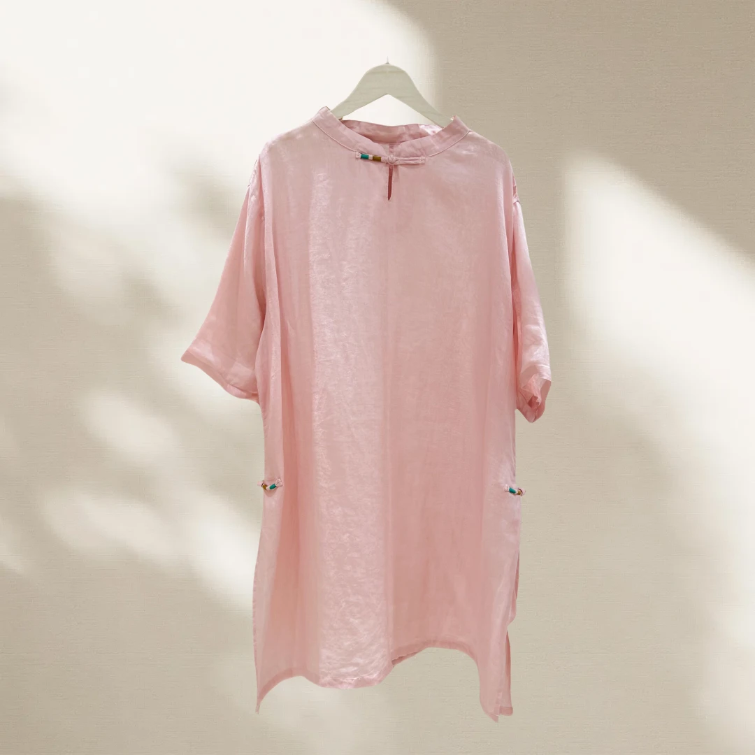 夏季100苎麻立领茶服中袖禅意风中长款上衣大码女装7126