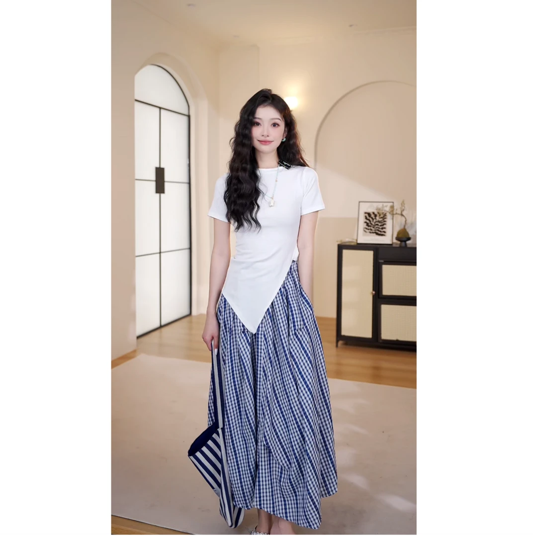 【琪琪】格子夏天复古蓝格A字半裙女高腰显瘦伞裙