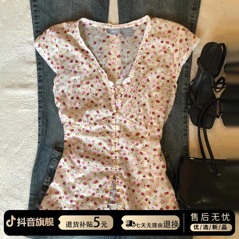 法式复古气质碎花无袖衬衫上衣2025夏季新款修身粉色别致百搭小衫