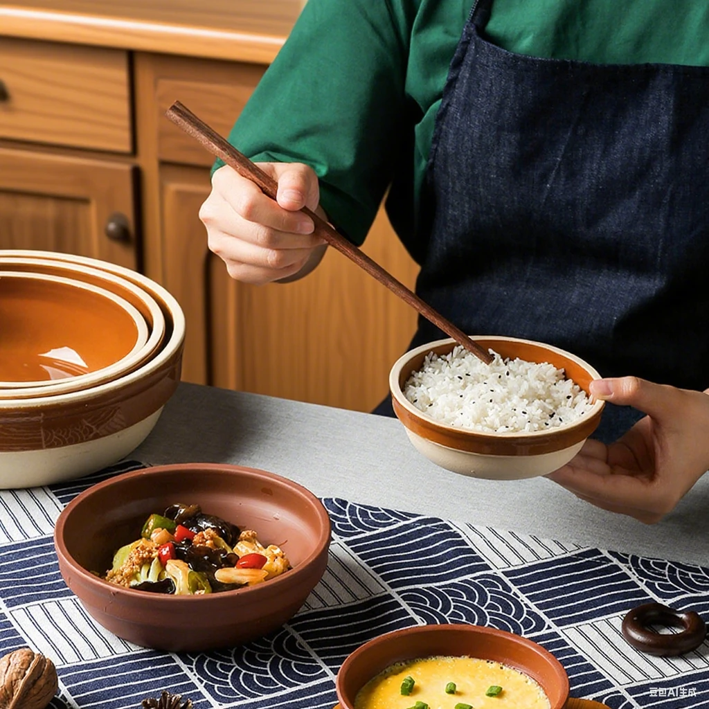 陶瓷土陶米饭碗釉下彩复古元素蒸蛋碗大气餐具扣肉碗易清洗碗