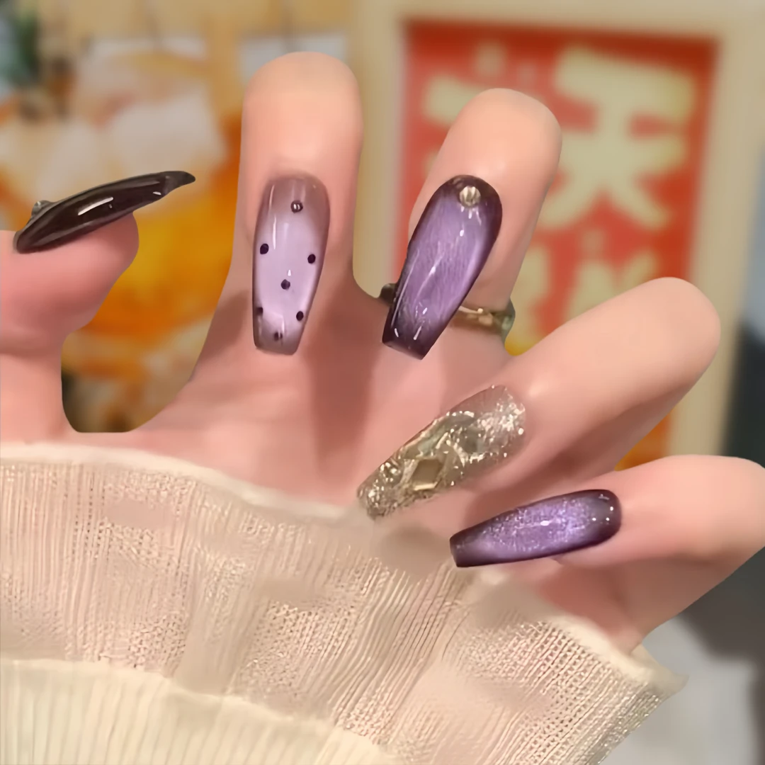 现货【普罗旺斯】手工穿戴甲中长款紫色穿戴式可拆卸秋冬猫眼芭蕾甲