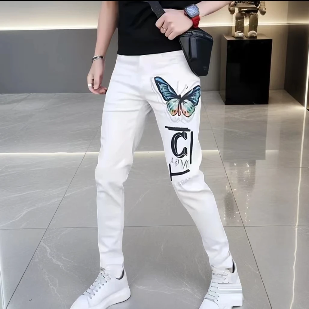 欧洲站春夏新款男士轻奢潮流时尚帅气百搭修身高弹休闲白色牛仔裤