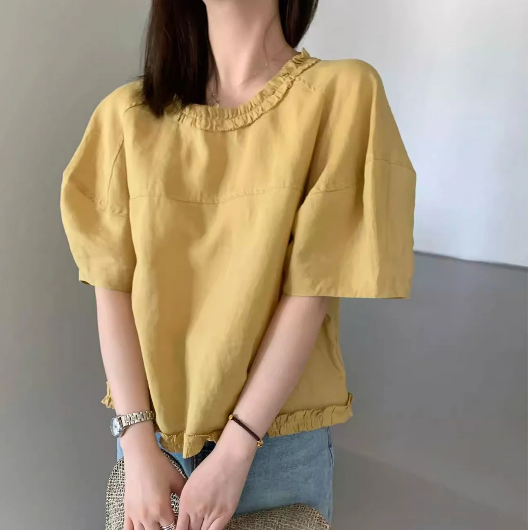 1143韩系纯棉衬衫百搭宽松显瘦甜美减龄圆领木耳边短袖衬衫女上衣