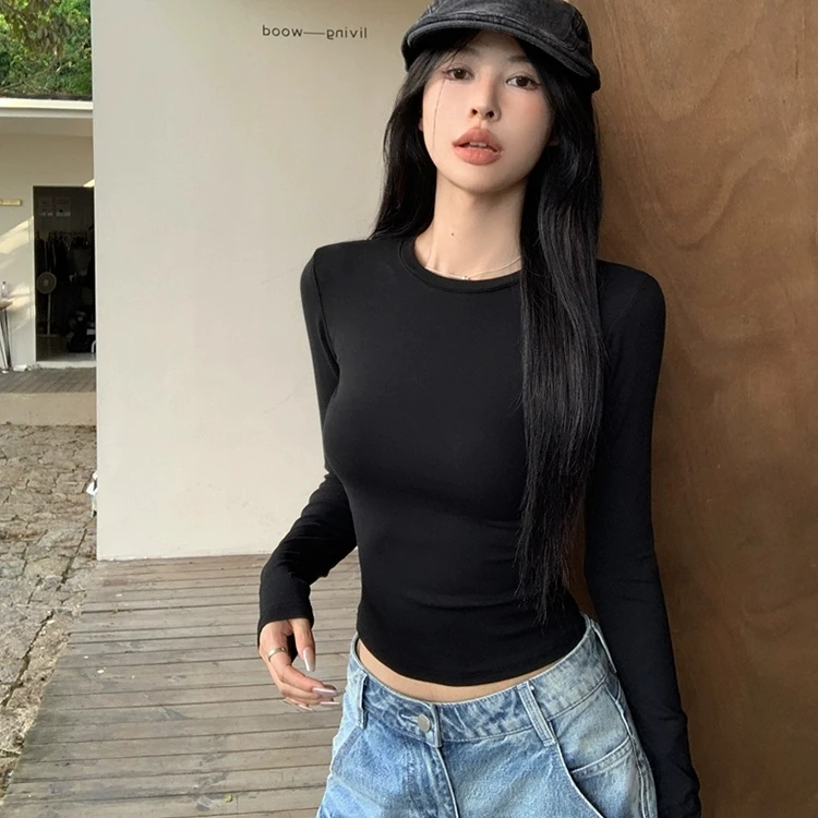 秋款气质正肩圆领显瘦长袖打底衫女修身百搭T恤洋气百搭上衣#3863