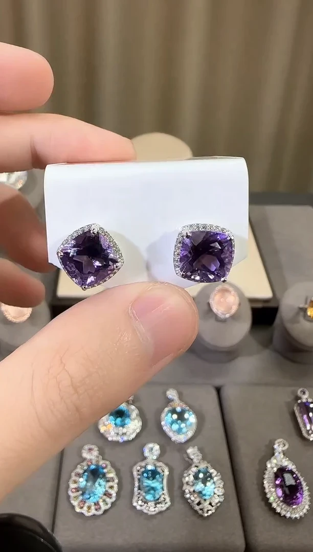 银S925镶嵌耳饰紫晶11mm耳钉简约设计款