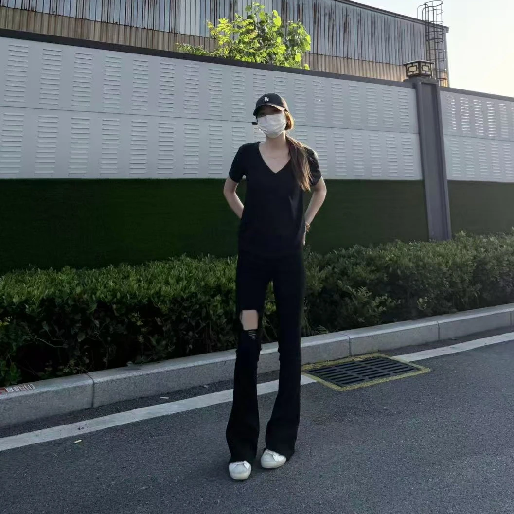 夏季黑色女装破洞毛边马蹄裤时尚百搭显瘦高腰高弹牛仔裤