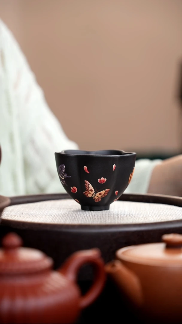 茶壶紫砂黑色筋囊蝴蝶杯