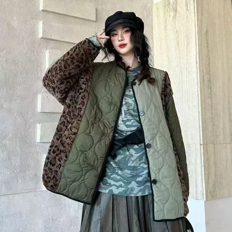 【欢喜SS】秋冬复古ins风豹纹拼接撞色军绿时休闲尚宽松菱格棉服