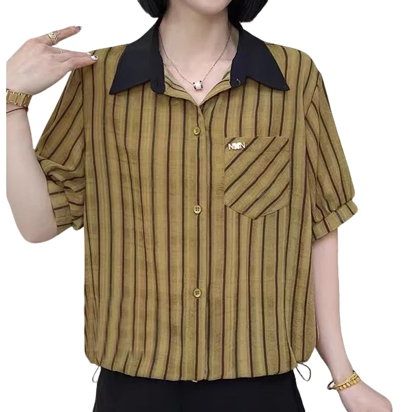 『在线』AD91岔色领条纹短袖衬衫