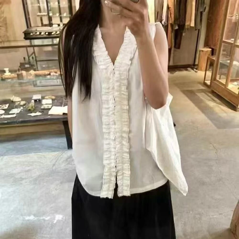 现韩系2025夏季重工木耳边花瓣V领宽松慵懒正反两穿无袖背心衬衫