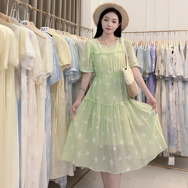 小司家连衣裙夏季绿色花朵显瘦气质藏肉长款优雅小众收腰仙女长裙