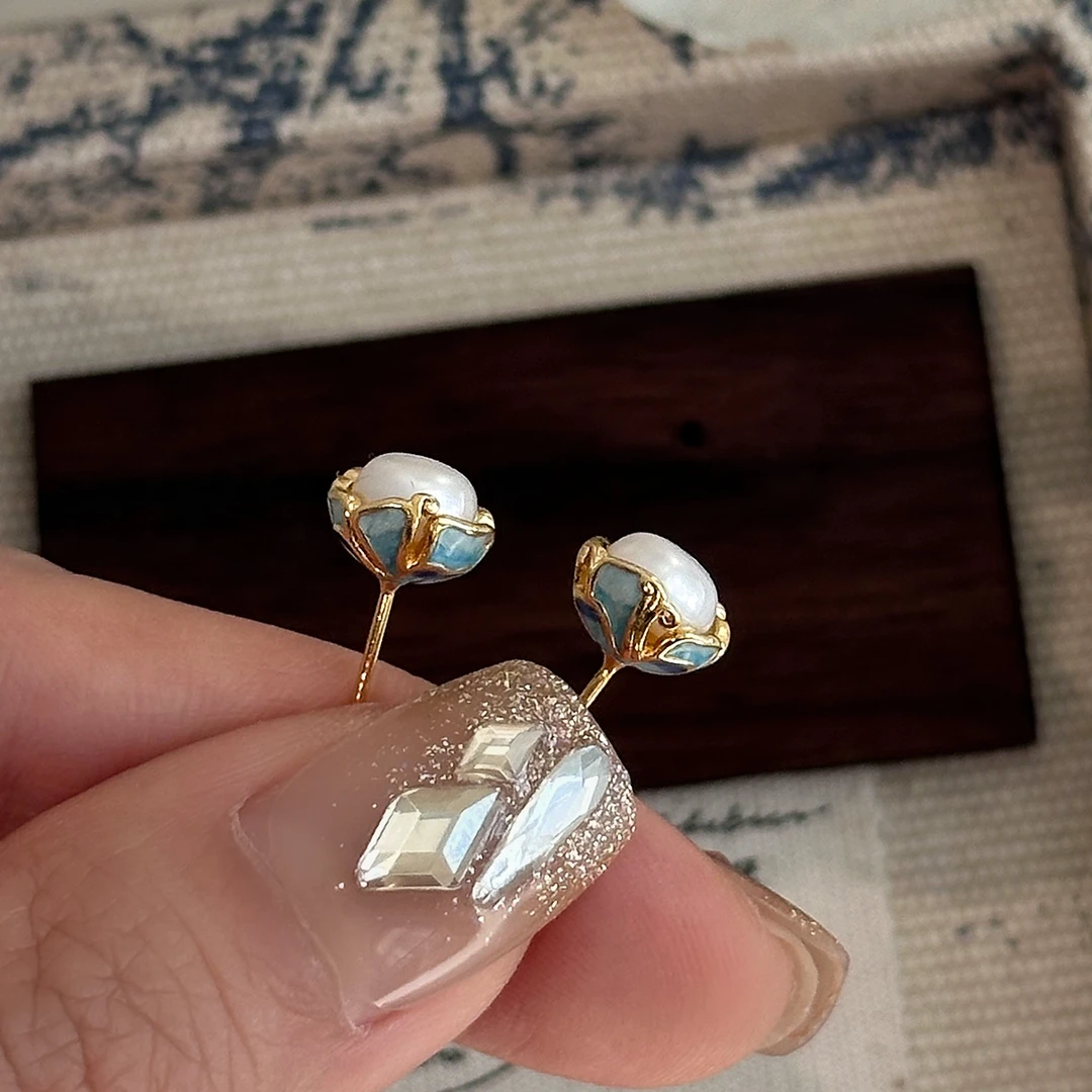 铜合金耳饰 景泰蓝国风珍珠耳钉中式古风优雅感气质复古轻奢耳环