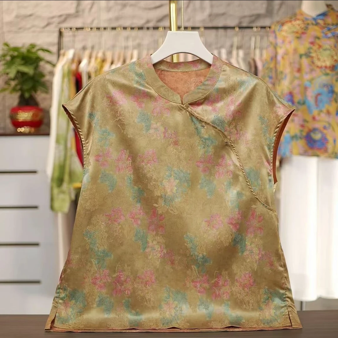 提花薄款上衣复古时尚花色中国风黄色夏季斜襟唐装