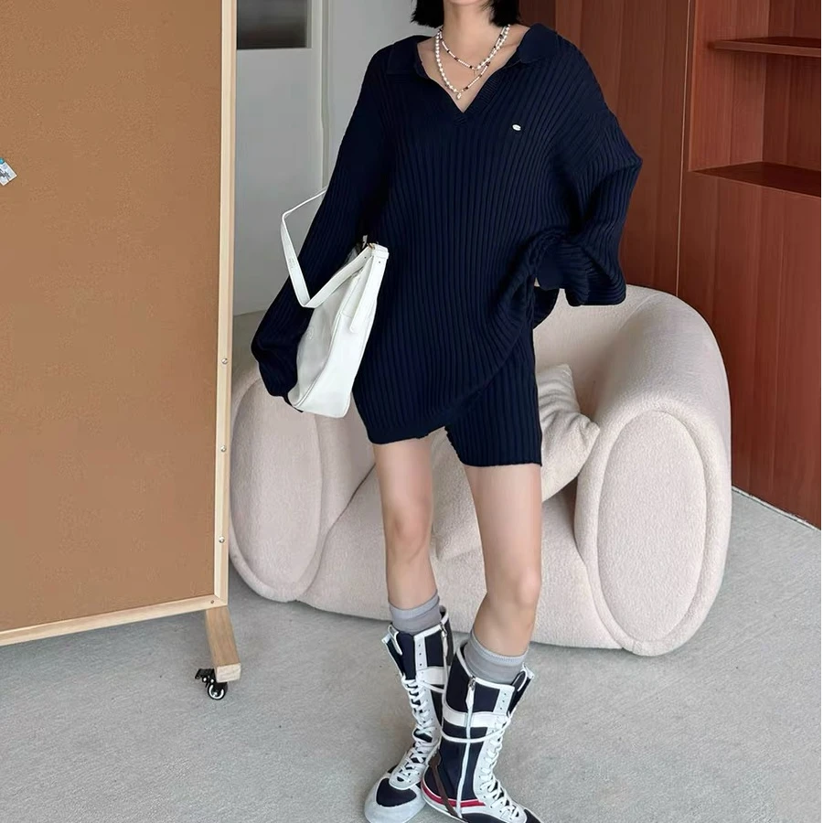 REREK设计师品牌软糯polo领针织毛衣/短裤中长款宽松套头慵懒风