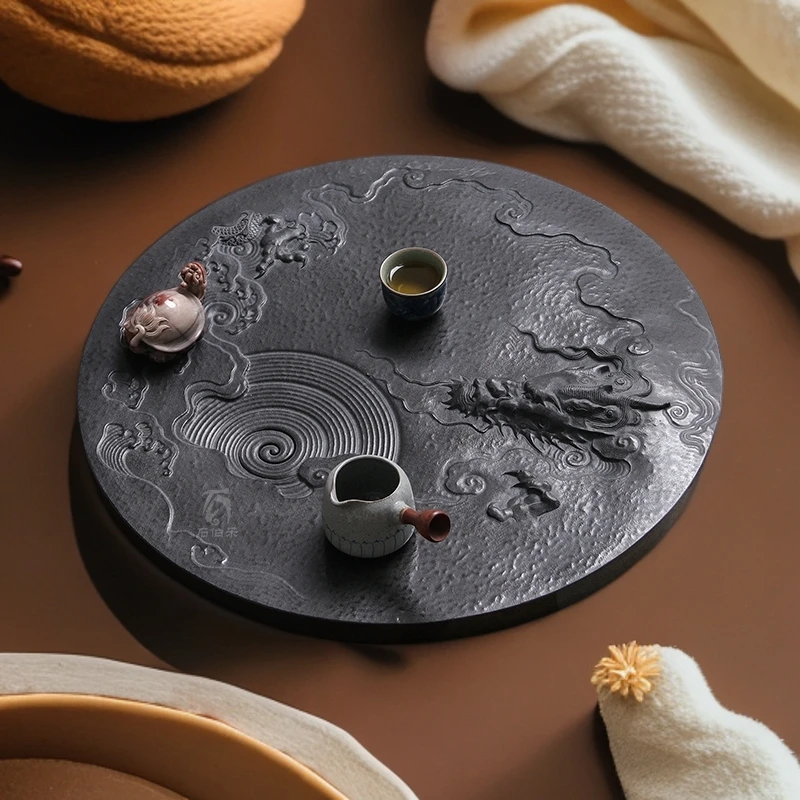 新中式乌金石茶盘雕刻家用茶台石头实木茶海2025圆形天罗绿石茶台