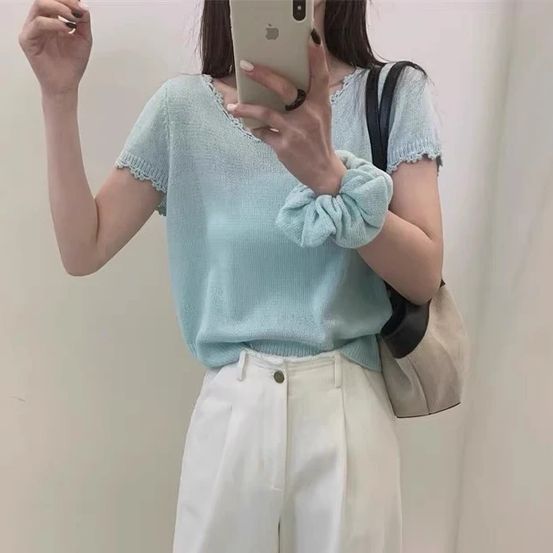 2025春夏新款韩版夏季温柔甜美显瘦百搭V领蕾丝花边针织上衣H8-26