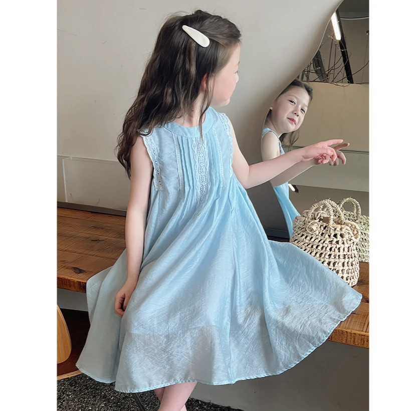 天丝女童无袖连衣裙简约2024夏装新款洋气裙子中大童甜美公主风