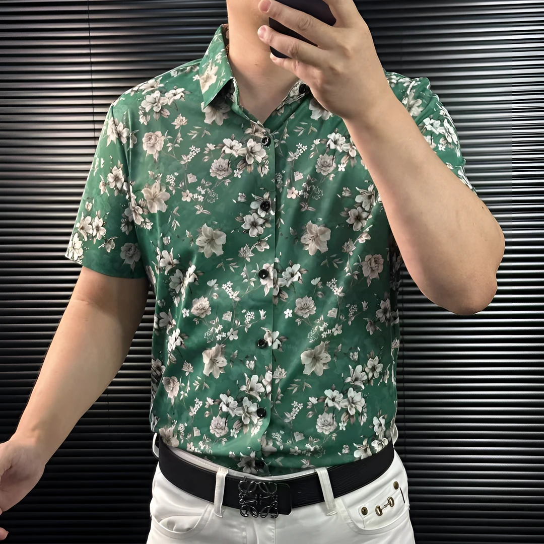 FLD甄选冰丝男士冰凉短袖薄款清新碎花个性百搭修身短袖衬衫6556