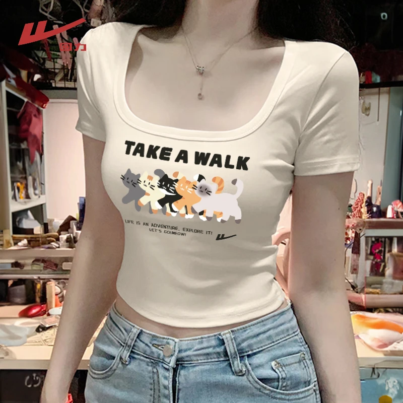 Warrior/回力方领港风短袖2025新款辣妹夏季显瘦T恤短款设计感女T