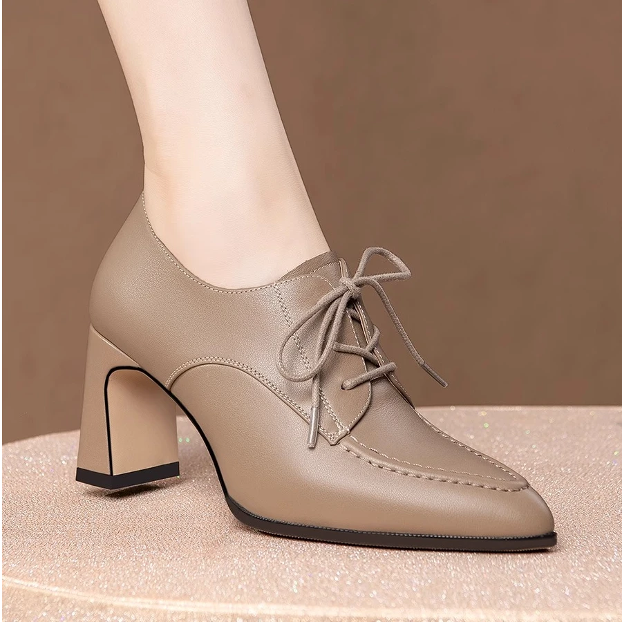 品牌复古英伦系带粗跟深口单鞋女2025春秋新款尖头高跟鞋女时装鞋