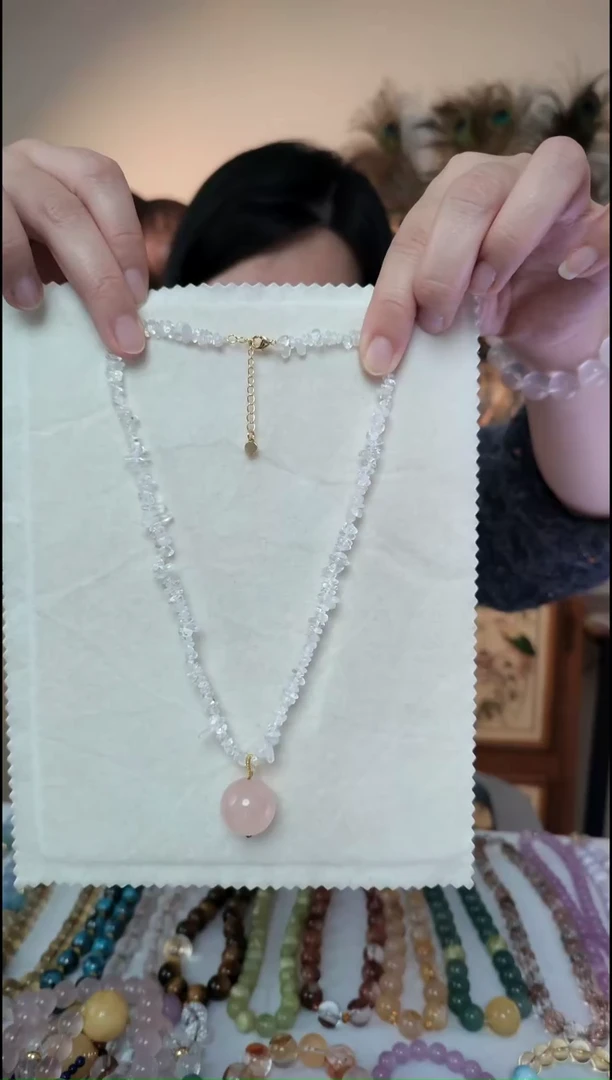 颈饰合金芙蓉石天然白水晶粉晶顶珠项链