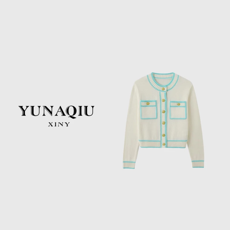 KUNGE-小香绿色拼接双口袋金属扣圆领毛衣外套-8694