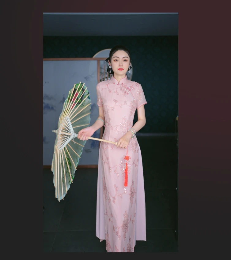 新中式国风复古刺绣奥黛改良夏季旗袍裙时尚显瘦
