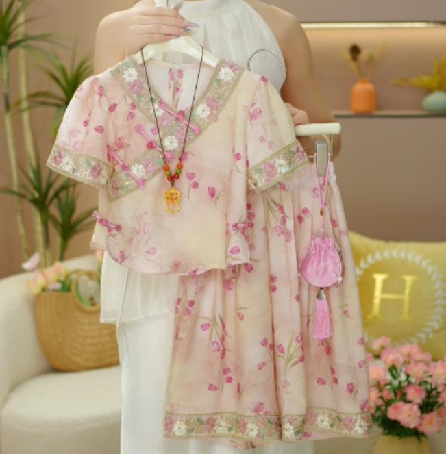 逗小铺【七尚】女童薄款新中式夏季中国风国潮短袖七分裤套装G108