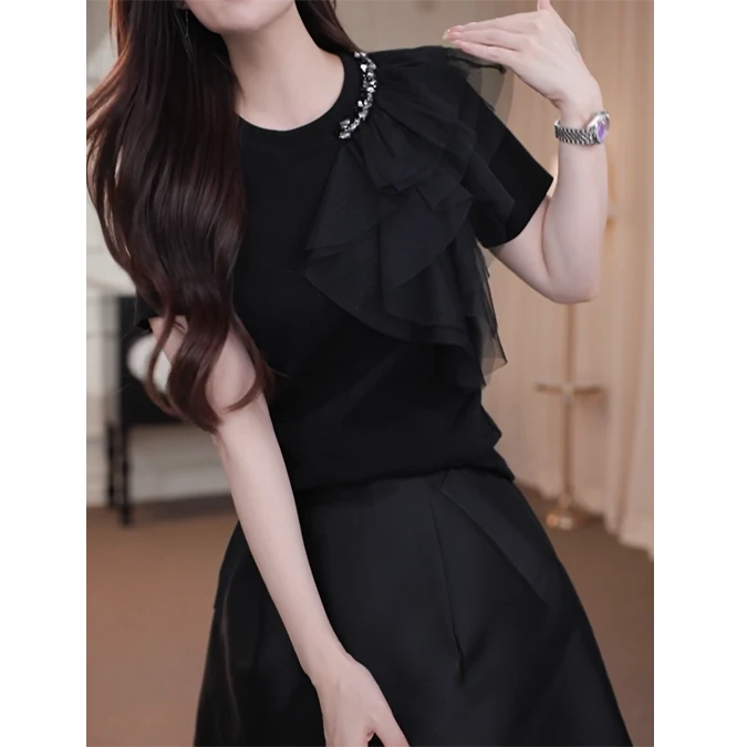 2025夏季新款拼接网纱不规则短袖T恤女时尚洋气减龄设计感上衣潮