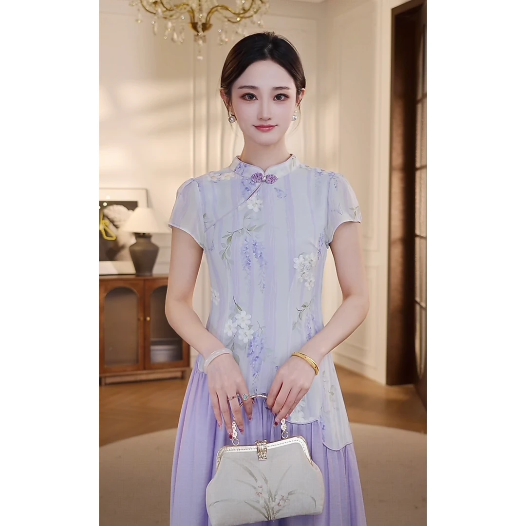 【双双&GERTCOREL】空谷紫兰 原创国风收腰旗袍连衣裙 XJ252L1183