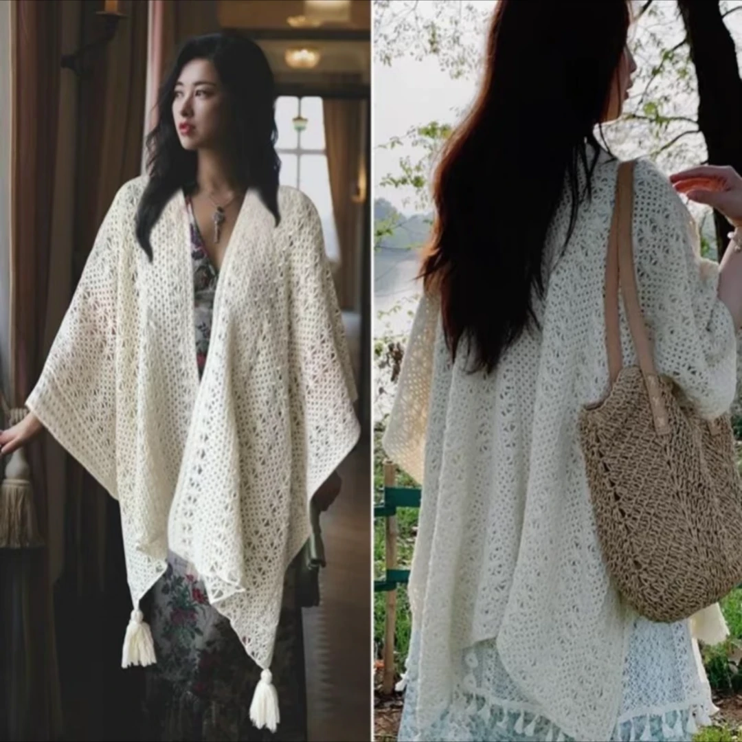 森系白色镂空针织披肩女2025新款春秋民族风拍照外搭披风斗篷外套